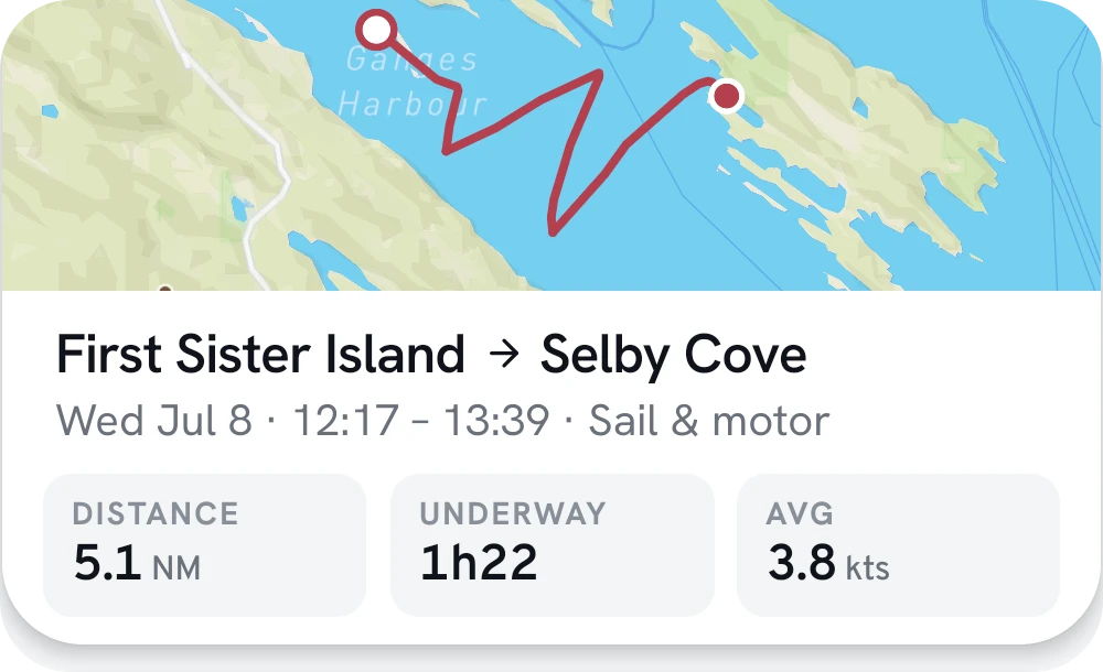 A completed Skana journey from First Sister Island to Selby Cove