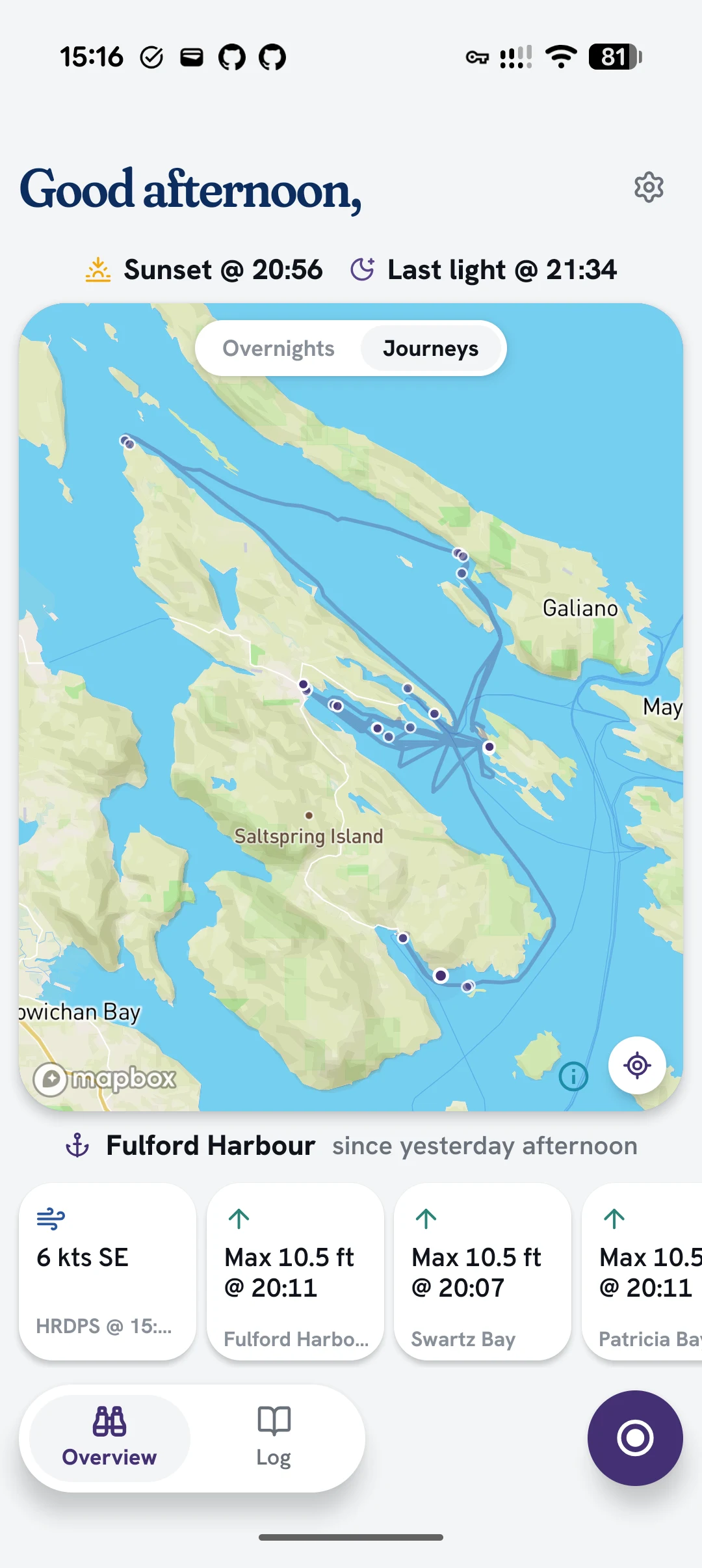 The Skana home screen showing recent journeys around Salt Spring Island and nearby marine conditions