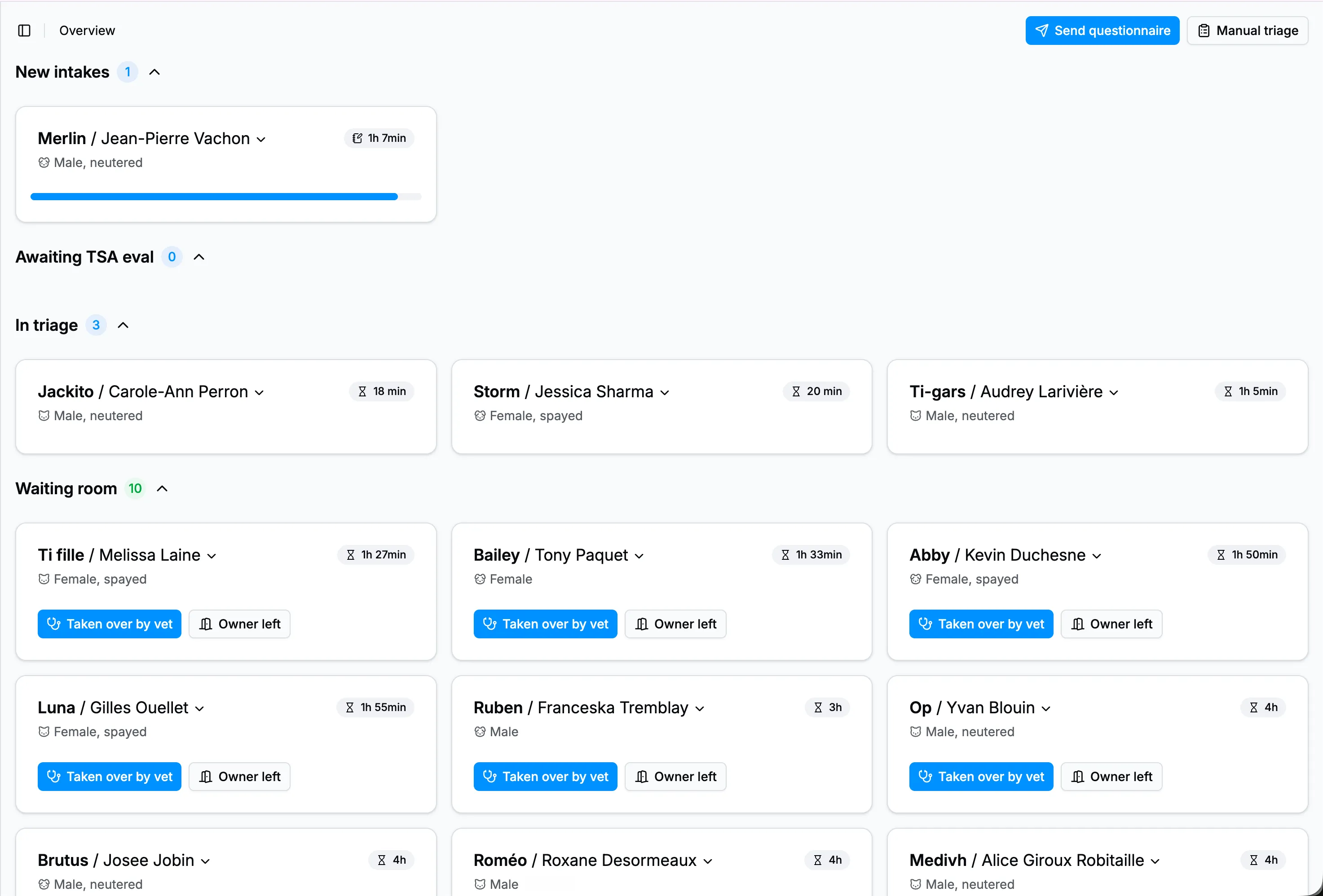 Ovet triage dashboard showing intake, triage, and waiting-room queues of patients