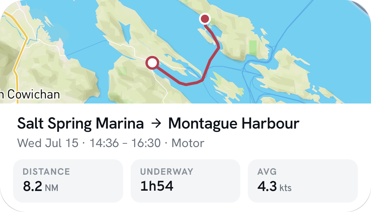 A Skana trip card for Salt Spring Marina to Montague Harbour